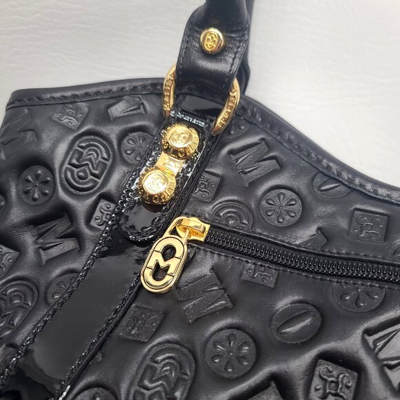 Marino Orlandi Black Embossed Leather Satchel Shoulder Bag Goldtone Zipper Italy - Picture 10 of 16